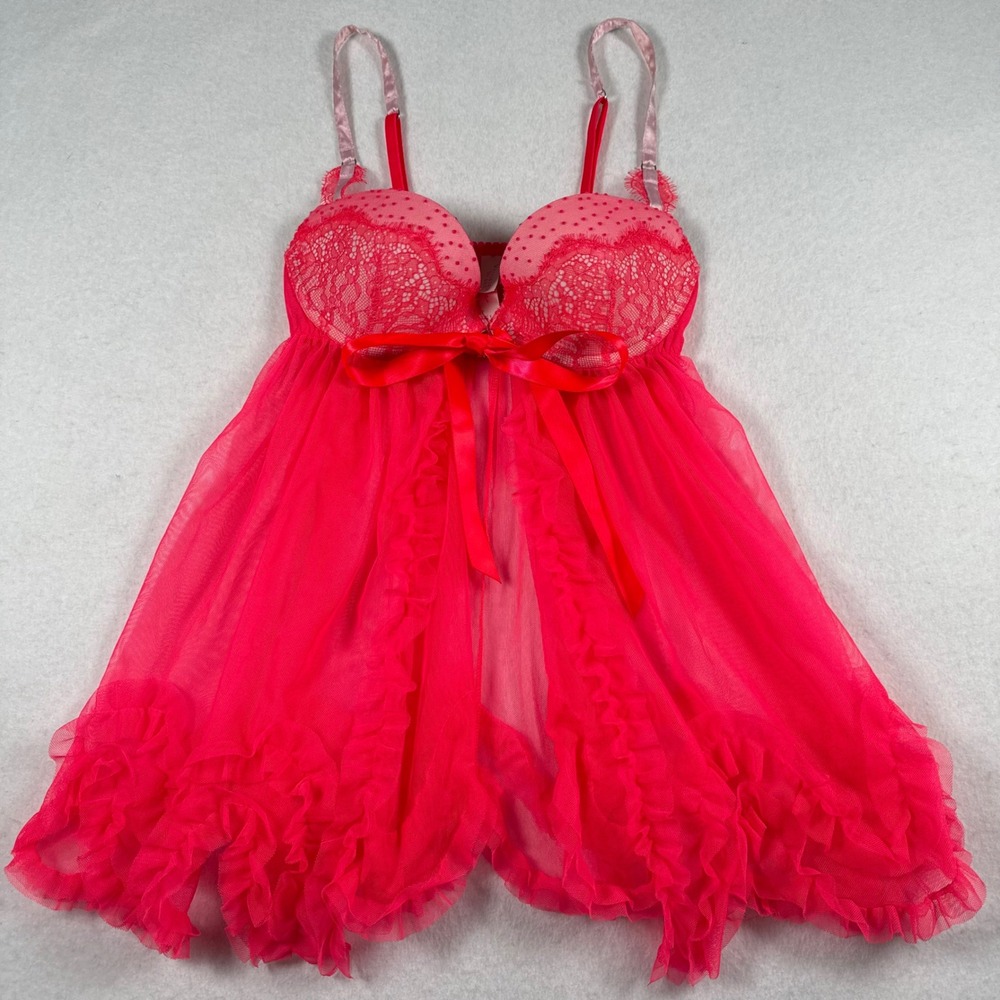 Victoria's Secret Hot Pink Lace Ruffle Babydoll Lingerie 34B Underwire Mesh